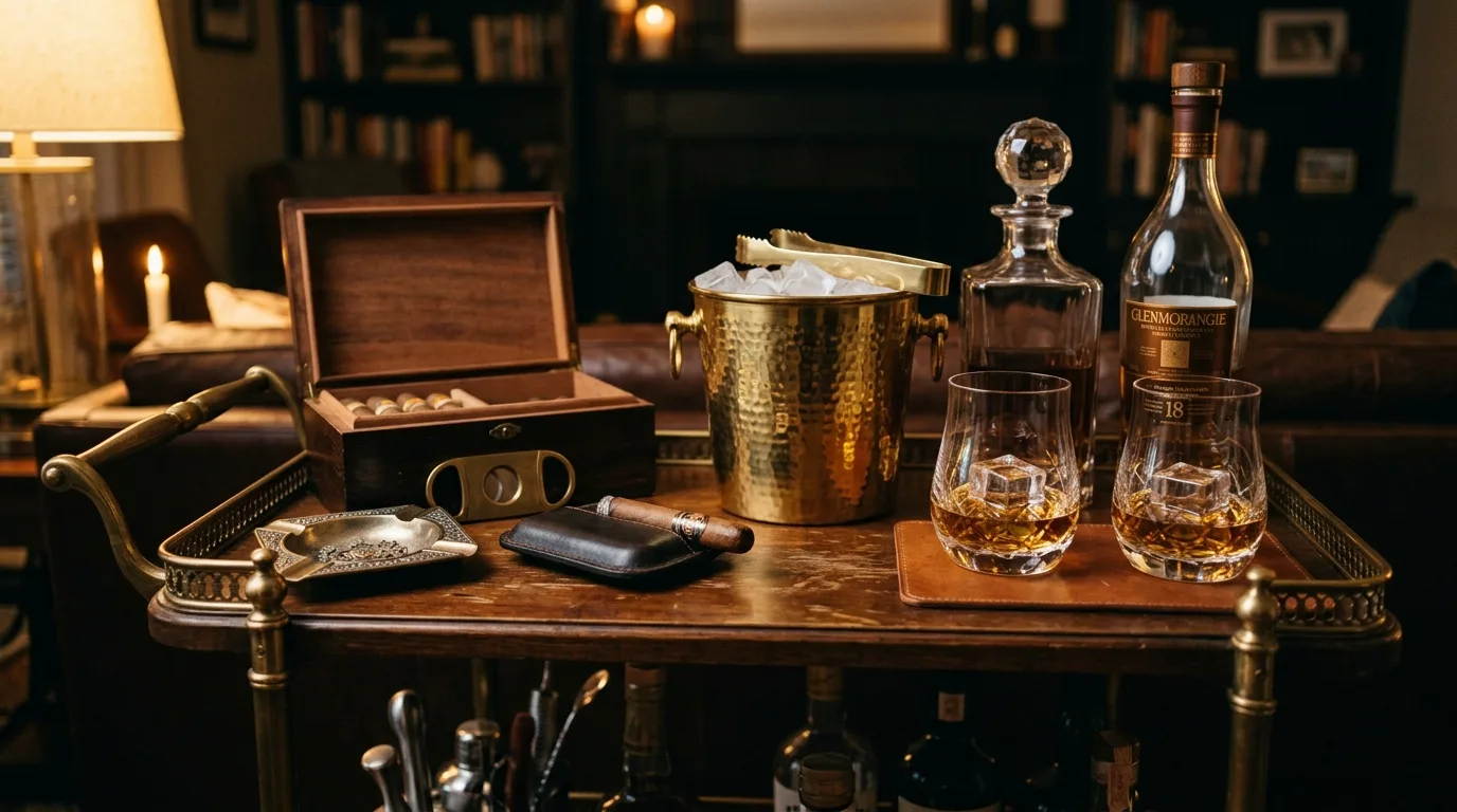 Use leather and woven texture for richer contrast inspiration for a home whiskey lounge.